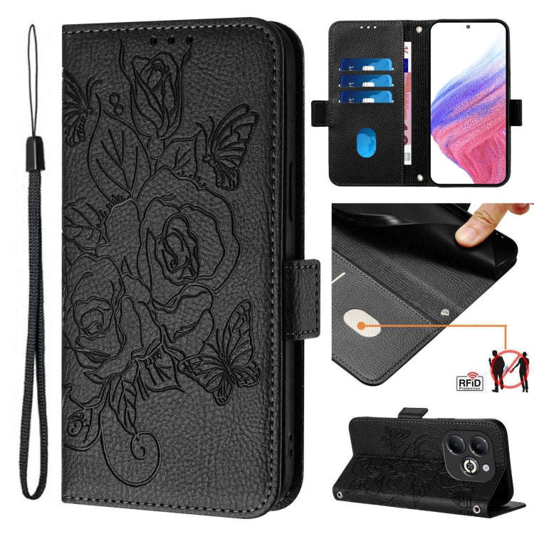 For Infinix Smart 8 Plus / 8 Pro / T8 Plus Embossed Rose RFID Anti-theft Leather Phone Case(Black)