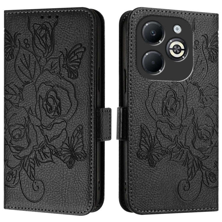 For Infinix Smart 8 Plus / 8 Pro / T8 Plus Embossed Rose RFID Anti-theft Leather Phone Case(Black)