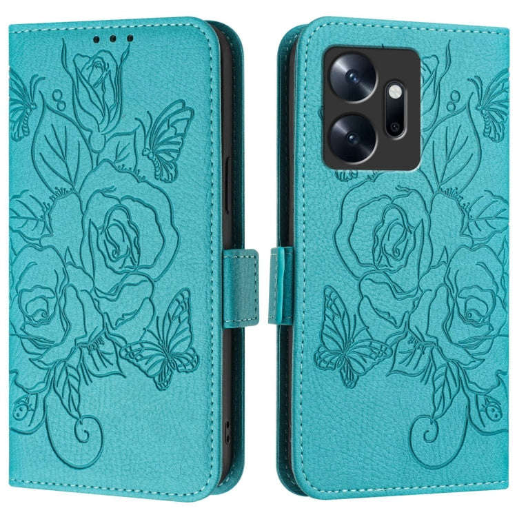 For Infinix Zero 20 Embossed Rose RFID Anti-theft Leather Phone Case(Light Blue)