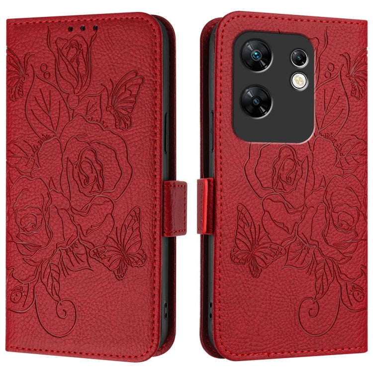 For Infinix Zero 30 4G Embossed Rose RFID Anti-theft Leather Phone Case(Red)