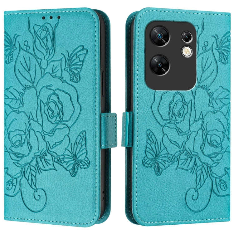 For Infinix Zero 30 4G Embossed Rose RFID Anti-theft Leather Phone Case(Light Blue)