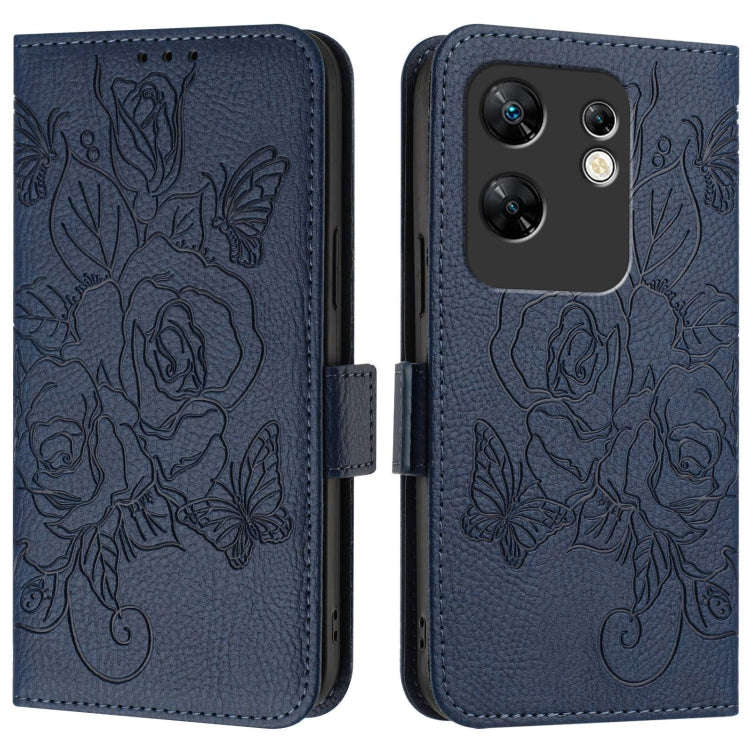 For Infinix Zero 30 4G Embossed Rose RFID Anti-theft Leather Phone Case(Dark Blue)
