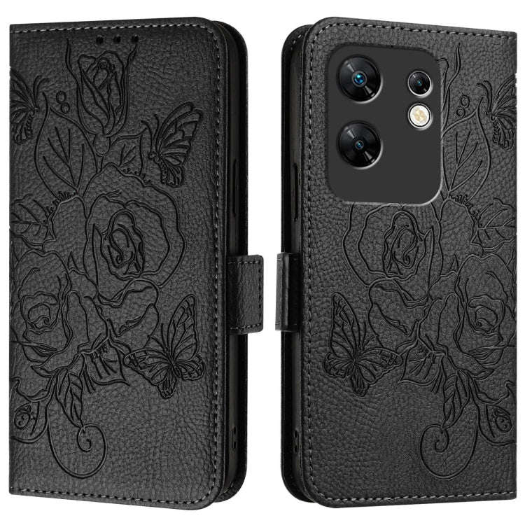 For Infinix Zero 30 4G Embossed Rose RFID Anti-theft Leather Phone Case(Black)