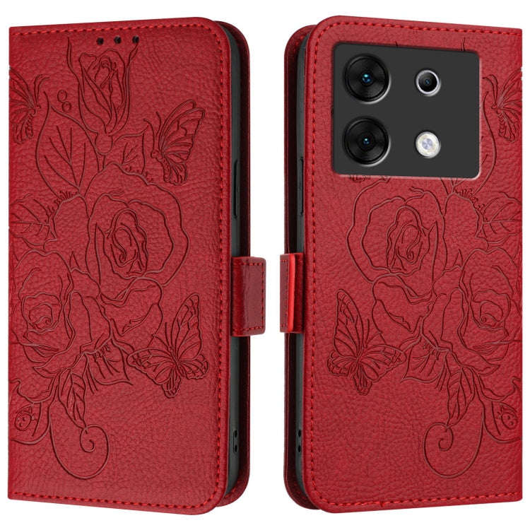For Infinix Zero 30 5G Embossed Rose RFID Anti-theft Leather Phone Case(Red)