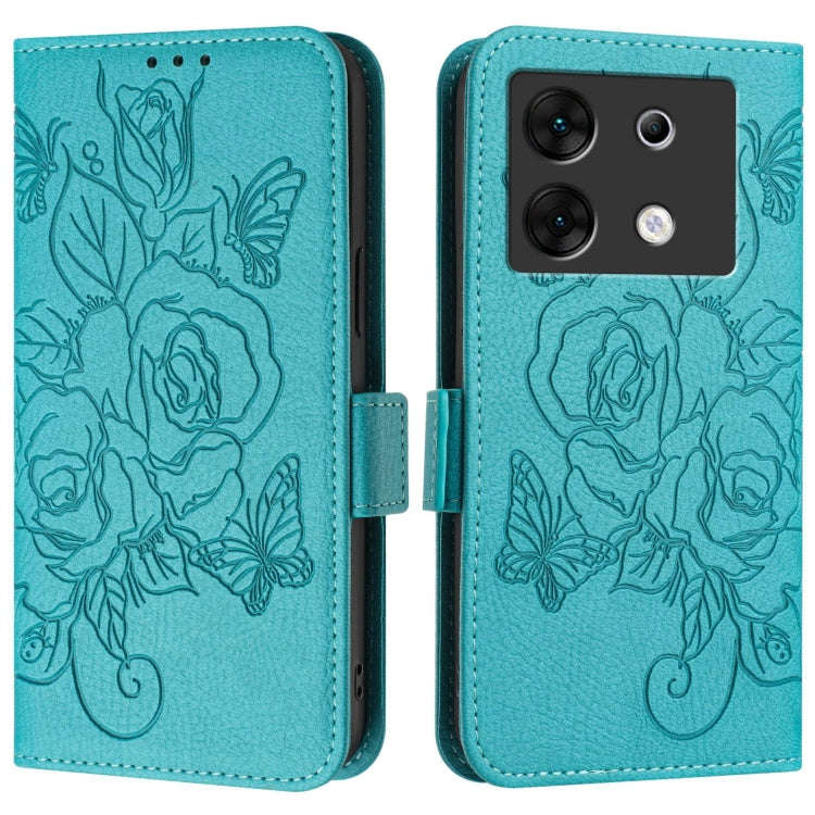 For Infinix Zero 30 5G Embossed Rose RFID Anti-theft Leather Phone Case(Light Blue)