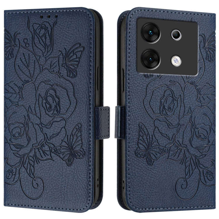 For Infinix Zero 30 5G Embossed Rose RFID Anti-theft Leather Phone Case(Dark Blue)