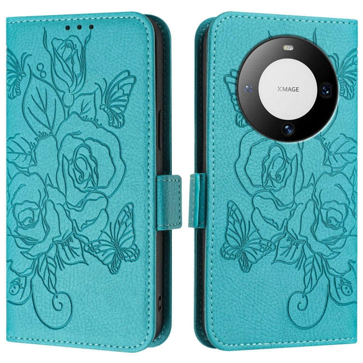 For Huawei Mate 60 Embossed Rose RFID Anti-theft Leather Phone Case(Light Blue)
