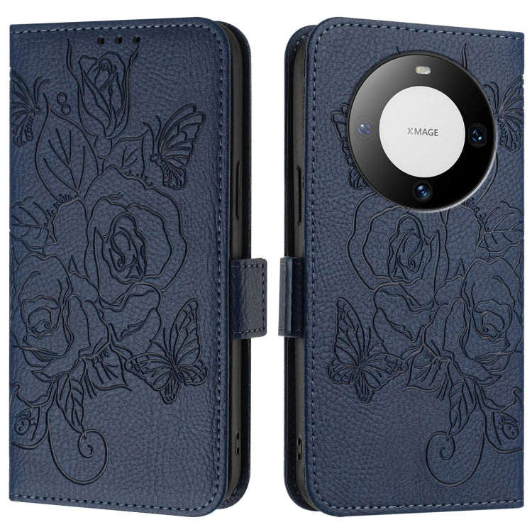 For Huawei Mate 60 Pro / 60 Pro+ Embossed Rose RFID Anti-theft Leather Phone Case(Dark Blue)