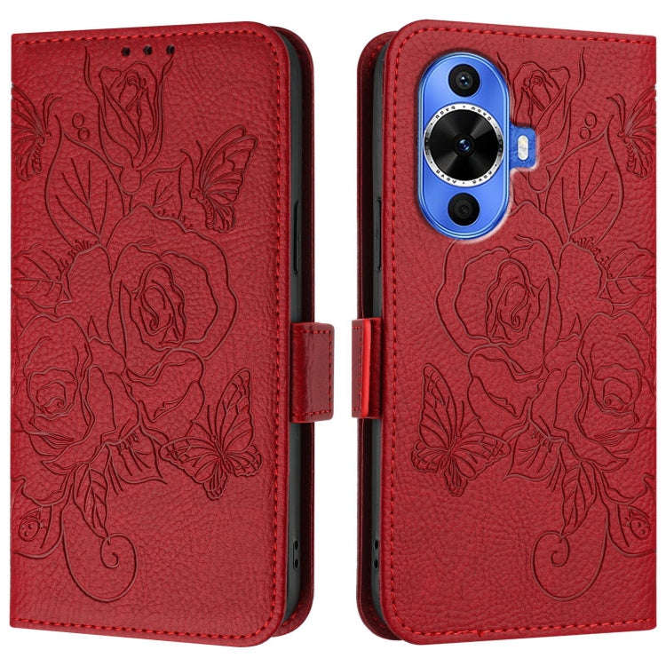 For Huawei nova 12s 4G Embossed Rose RFID Anti-theft Leather Phone Case(Red)
