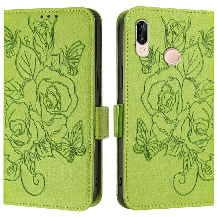 For Huawei P20 Lite / nova 3e Embossed Rose RFID Anti-theft Leather Phone Case(Green)