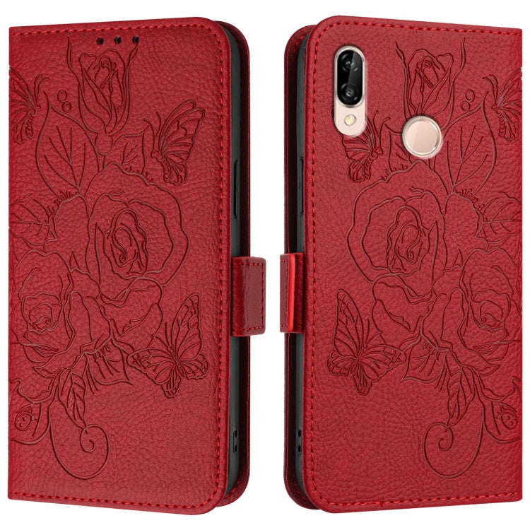 For Huawei P20 Lite / nova 3e Embossed Rose RFID Anti-theft Leather Phone Case(Red)