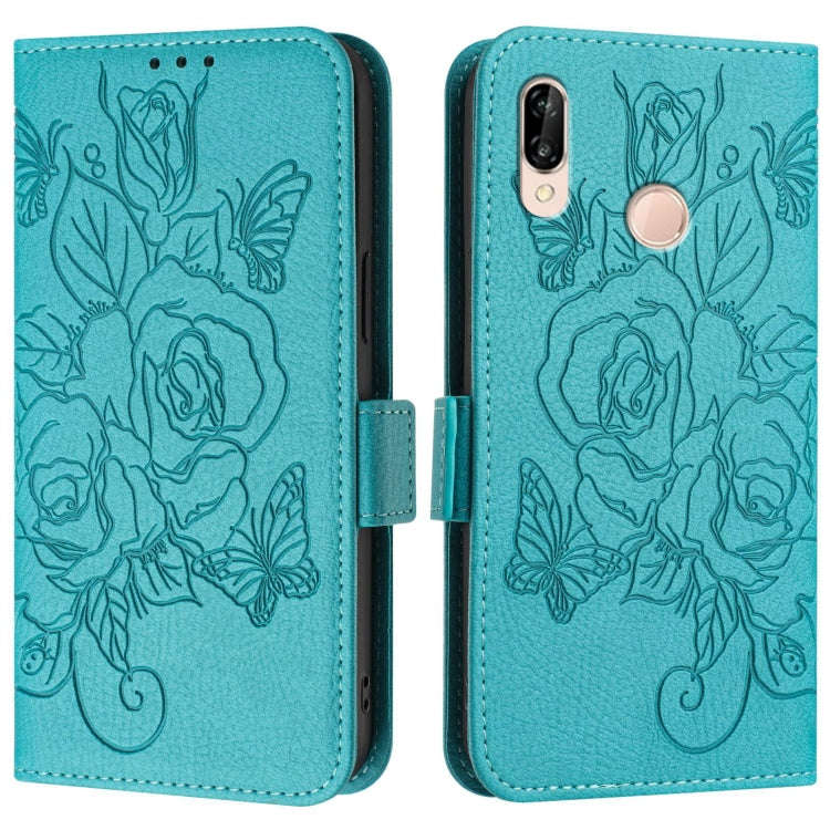 For Huawei P20 Lite / nova 3e Embossed Rose RFID Anti-theft Leather Phone Case(Light Blue)