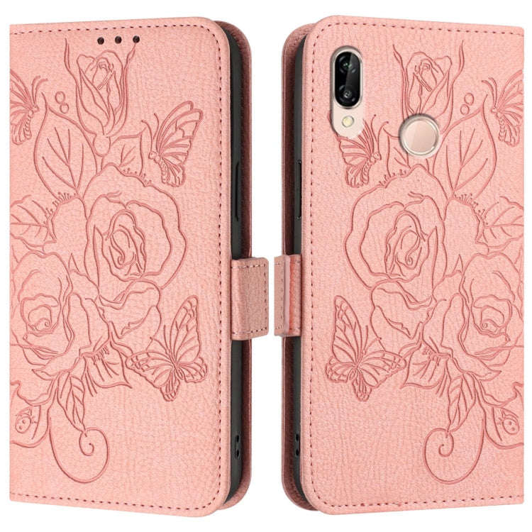 For Huawei P20 Lite / nova 3e Embossed Rose RFID Anti-theft Leather Phone Case(Pink)