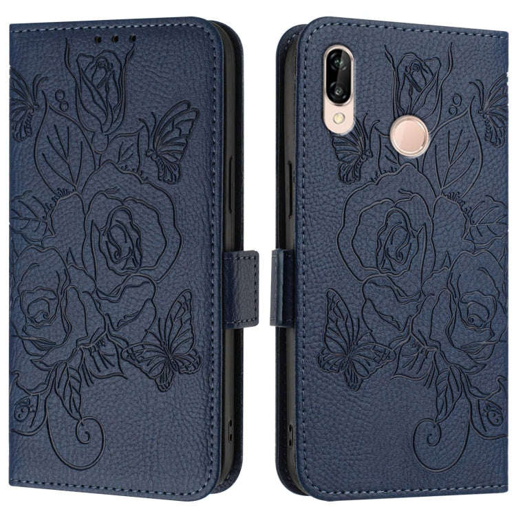 For Huawei P20 Lite / nova 3e Embossed Rose RFID Anti-theft Leather Phone Case(Dark Blue)
