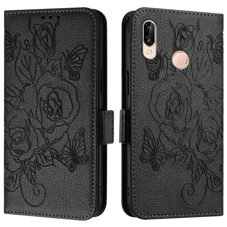 For Huawei P20 Lite / nova 3e Embossed Rose RFID Anti-theft Leather Phone Case(Black)