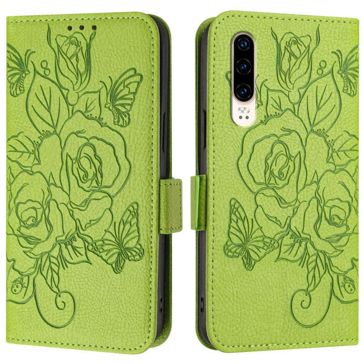 For Huawei P30 Embossed Rose RFID Anti-theft Leather Phone Case(Green)