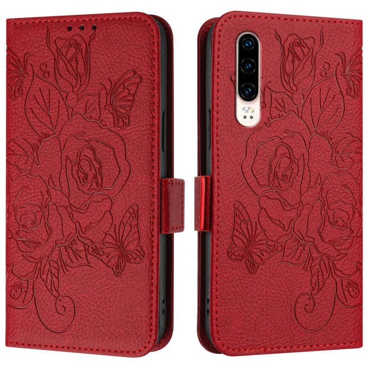 For Huawei P30 Embossed Rose RFID Anti-theft Leather Phone Case(Red)