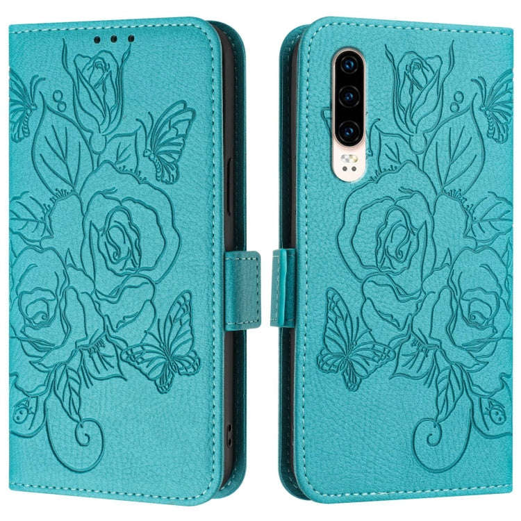 For Huawei P30 Embossed Rose RFID Anti-theft Leather Phone Case(Light Blue)