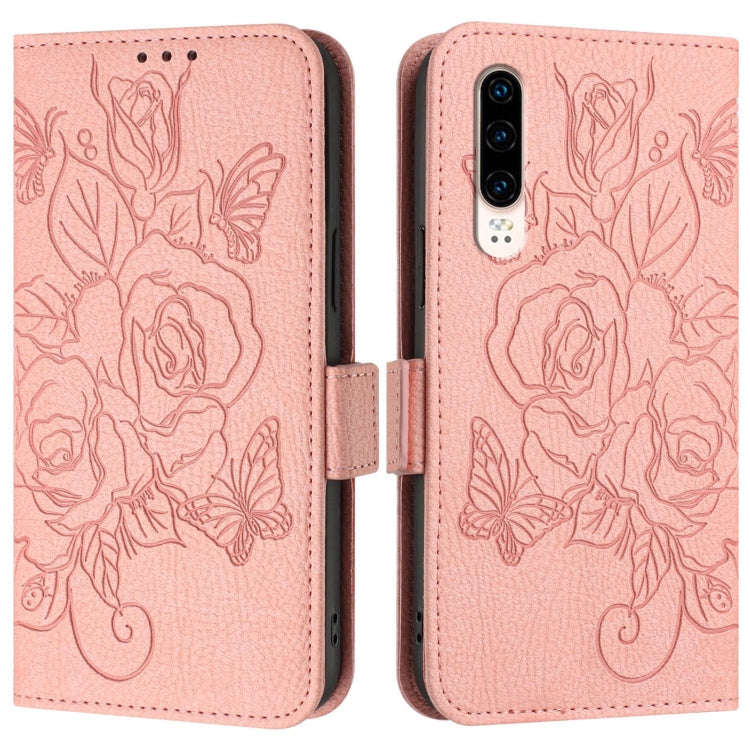 For Huawei P30 Embossed Rose RFID Anti-theft Leather Phone Case(Pink)