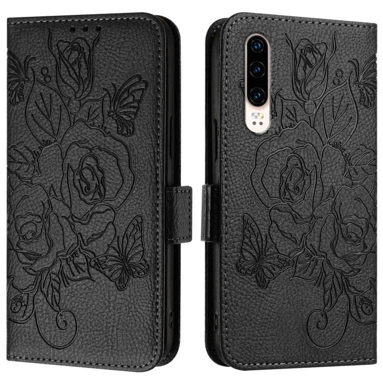 For Huawei P30 Embossed Rose RFID Anti-theft Leather Phone Case(Black)