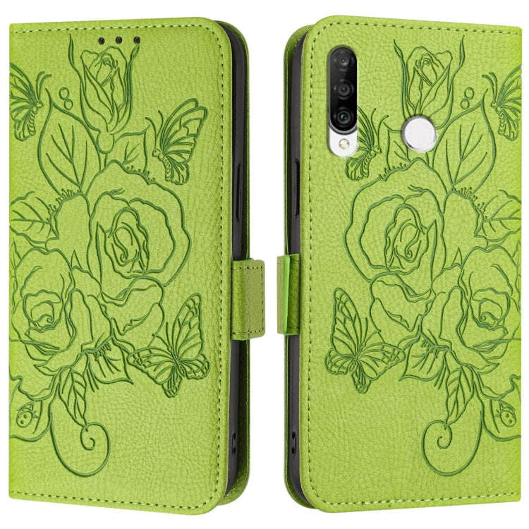 For Huawei P30 Lite / nova 4e Embossed Rose RFID Anti-theft Leather Phone Case(Green)