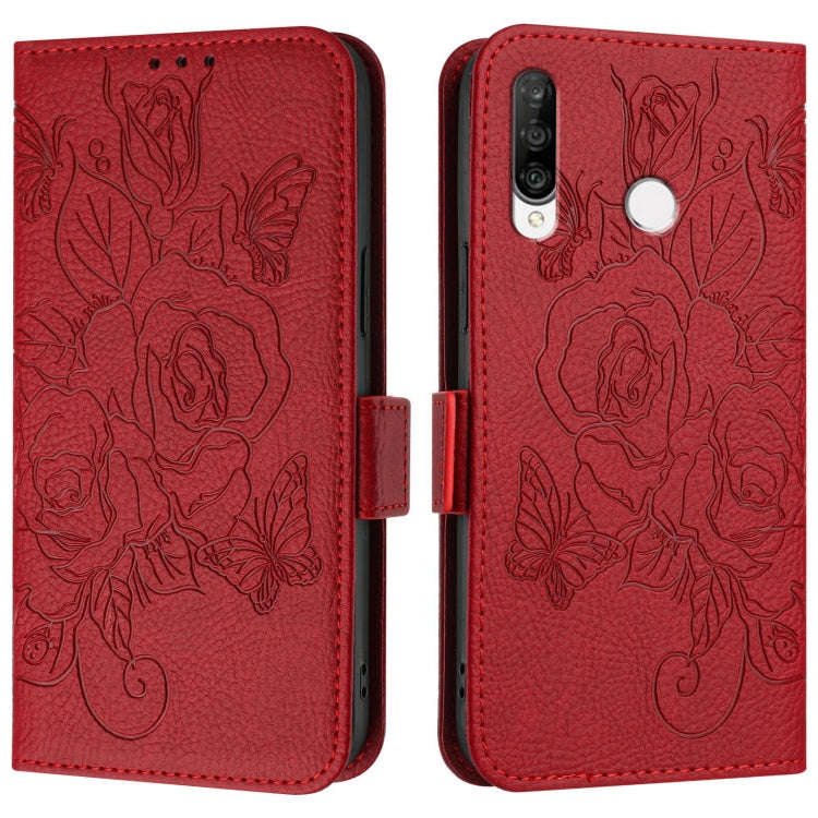 For Huawei P30 Lite / nova 4e Embossed Rose RFID Anti-theft Leather Phone Case(Red)