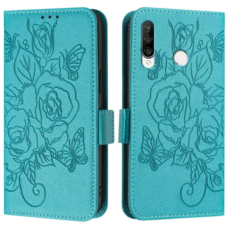 For Huawei P30 Lite / nova 4e Embossed Rose RFID Anti-theft Leather Phone Case(Light Blue)