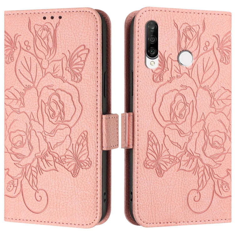 For Huawei P30 Lite / nova 4e Embossed Rose RFID Anti-theft Leather Phone Case(Pink)