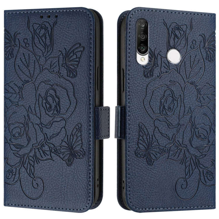 For Huawei P30 Lite / nova 4e Embossed Rose RFID Anti-theft Leather Phone Case(Dark Blue)