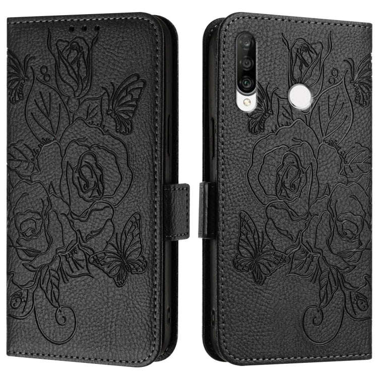 For Huawei P30 Lite / nova 4e Embossed Rose RFID Anti-theft Leather Phone Case(Black)