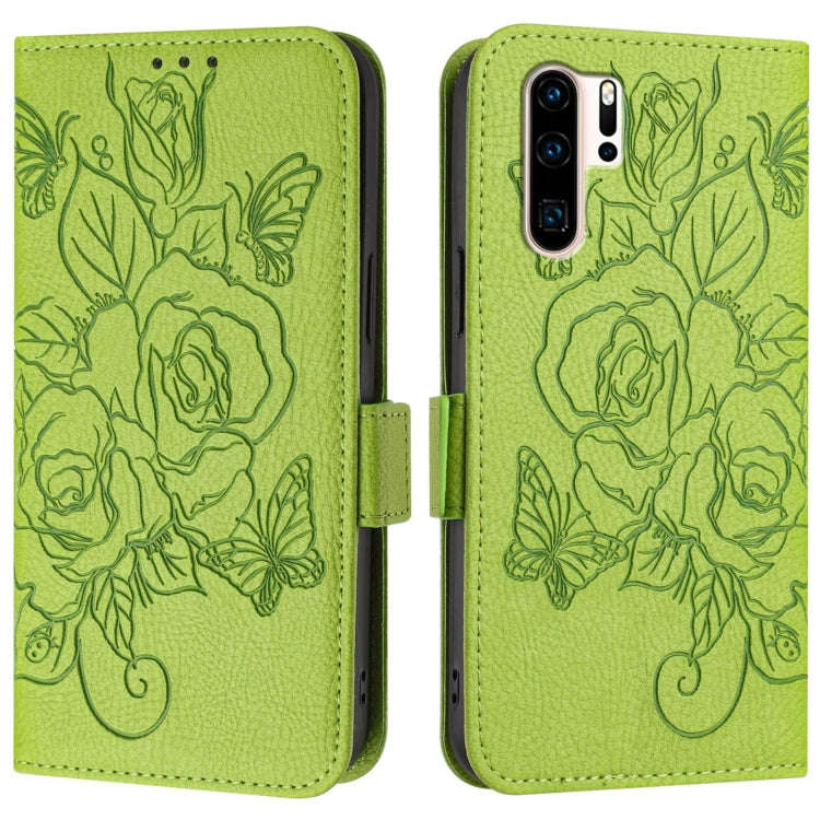 For Huawei P30 Pro Embossed Rose RFID Anti-theft Leather Phone Case(Green)