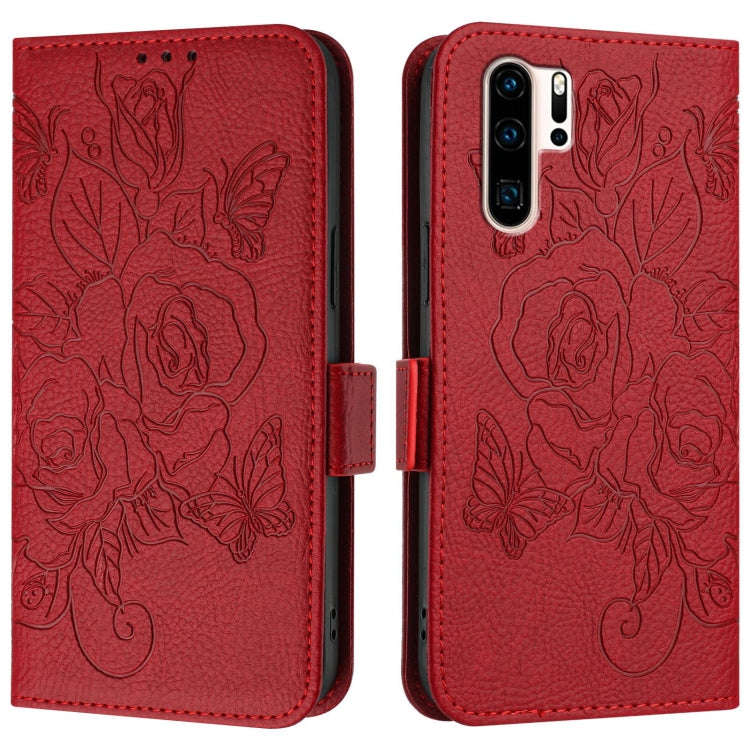 For Huawei P30 Pro Embossed Rose RFID Anti-theft Leather Phone Case(Red)