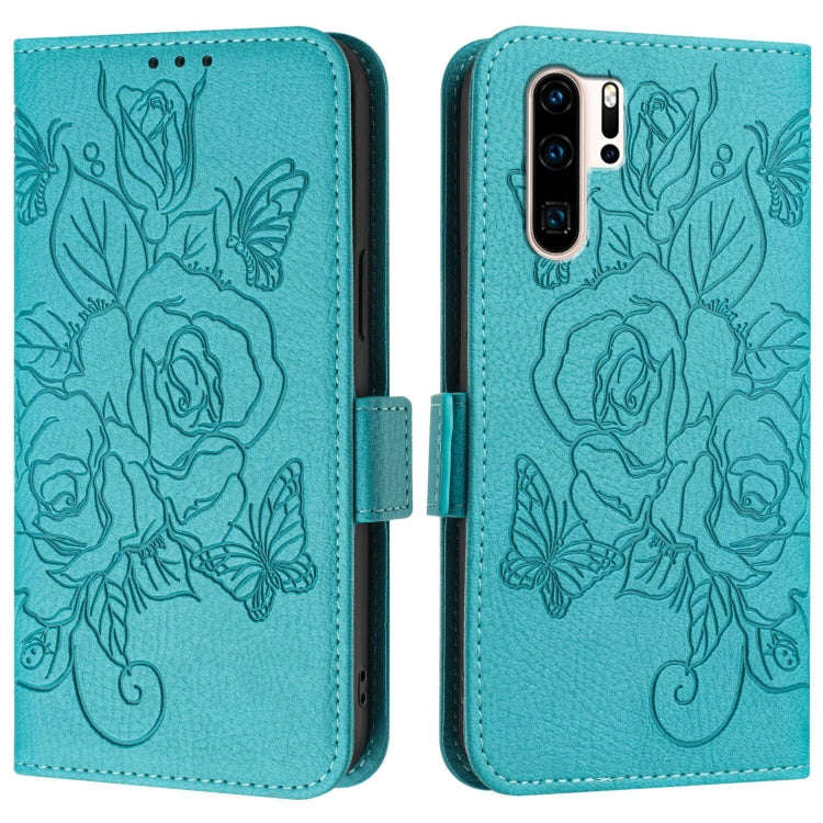 For Huawei P30 Pro Embossed Rose RFID Anti-theft Leather Phone Case(Light Blue)