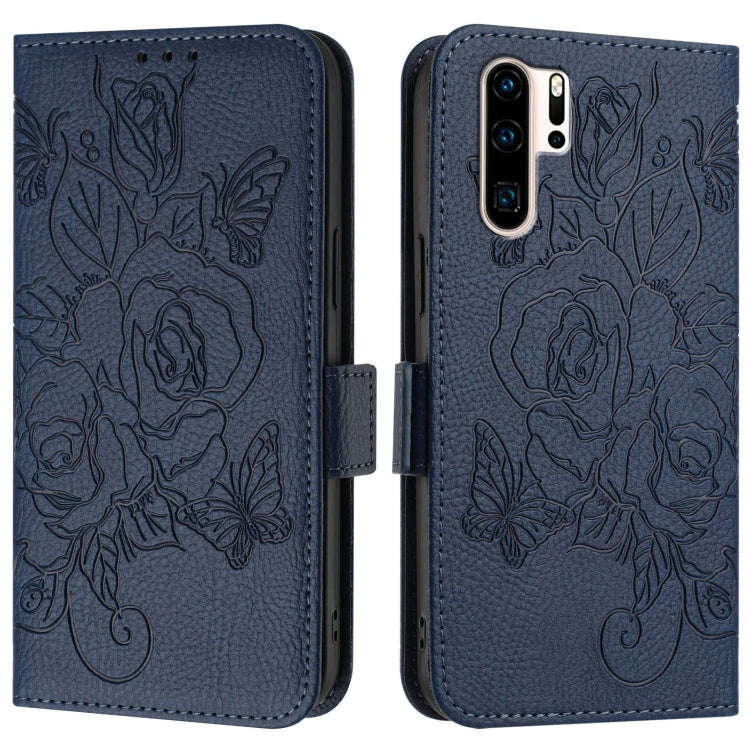 For Huawei P30 Pro Embossed Rose RFID Anti-theft Leather Phone Case(Dark Blue)