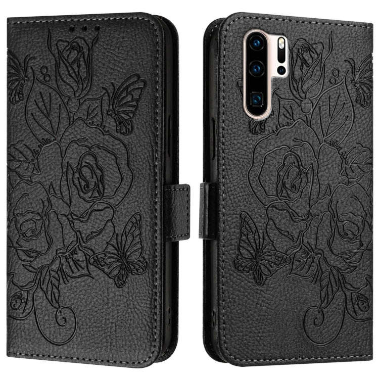 For Huawei P30 Pro Embossed Rose RFID Anti-theft Leather Phone Case(Black)