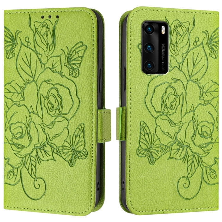 For Huawei P40 Embossed Rose RFID Anti-theft Leather Phone Case(Green)