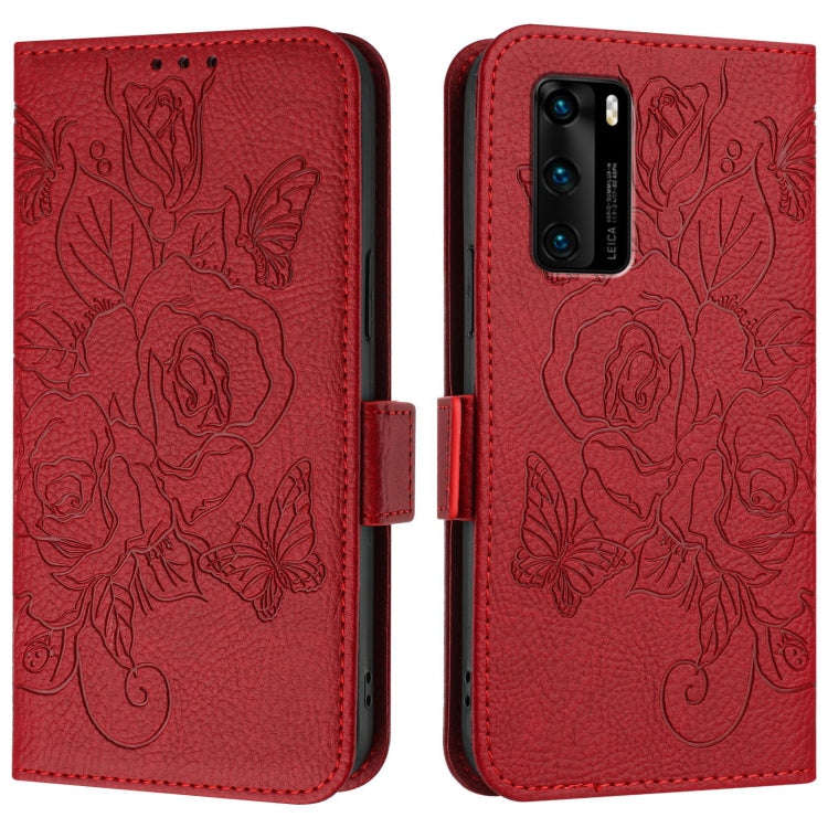 For Huawei P40 Embossed Rose RFID Anti-theft Leather Phone Case(Red)