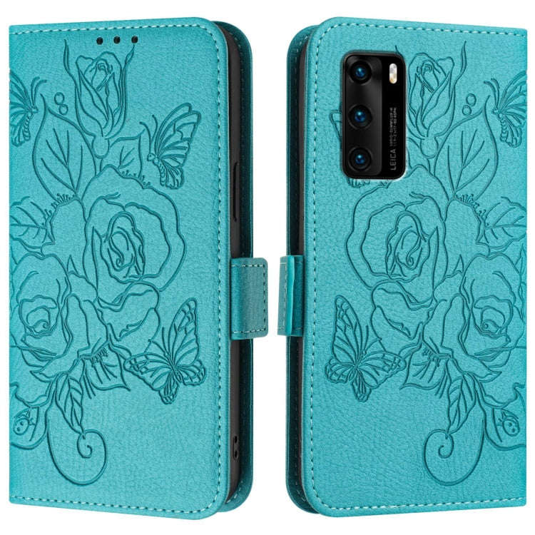For Huawei P40 Embossed Rose RFID Anti-theft Leather Phone Case(Light Blue)