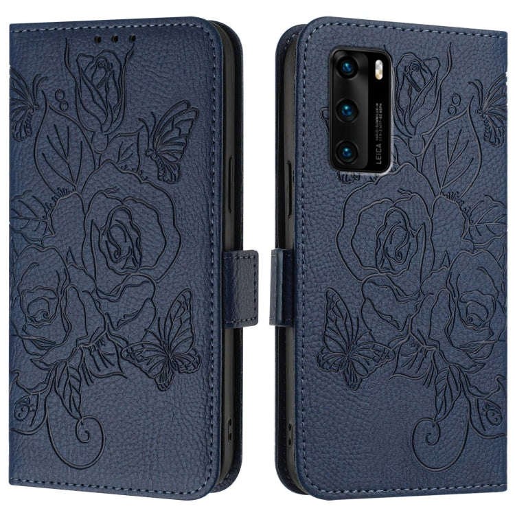 For Huawei P40 Embossed Rose RFID Anti-theft Leather Phone Case(Dark Blue)