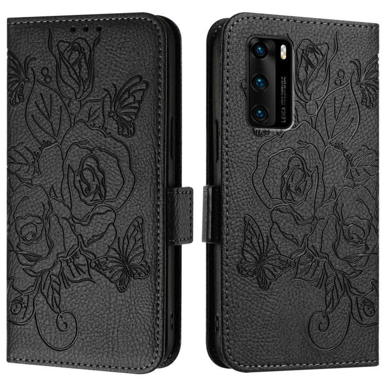 For Huawei P40 Embossed Rose RFID Anti-theft Leather Phone Case(Black)