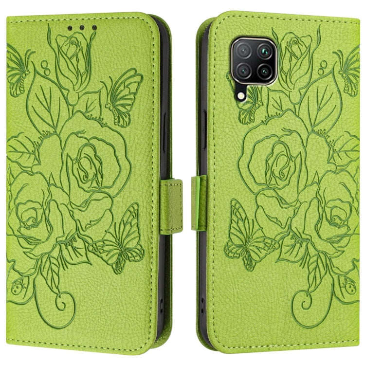 For Huawei P40 Lite / nova 6 SE Embossed Rose RFID Anti-theft Leather Phone Case(Green)