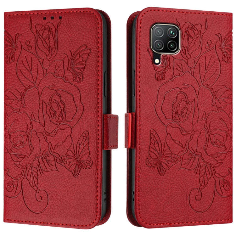 For Huawei P40 Lite / nova 6 SE Embossed Rose RFID Anti-theft Leather Phone Case(Red)