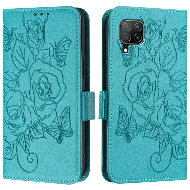 For Huawei P40 Lite / nova 6 SE Embossed Rose RFID Anti-theft Leather Phone Case(Light Blue)