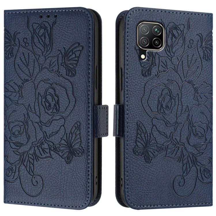 For Huawei P40 Lite / nova 6 SE Embossed Rose RFID Anti-theft Leather Phone Case(Dark Blue)