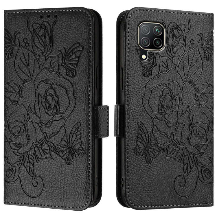 For Huawei P40 Lite / nova 6 SE Embossed Rose RFID Anti-theft Leather Phone Case(Black)