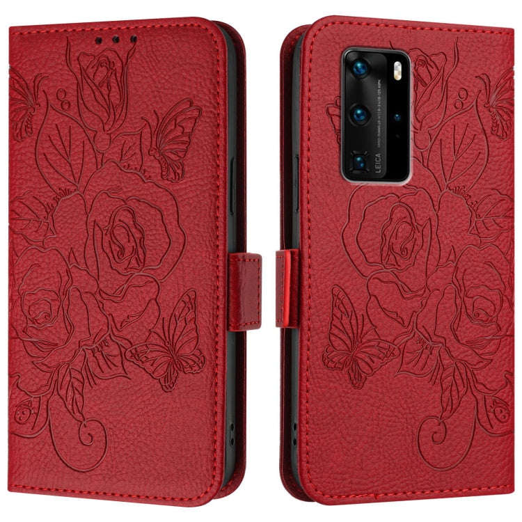 For Huawei P40 Pro Embossed Rose RFID Anti-theft Leather Phone Case(Red)