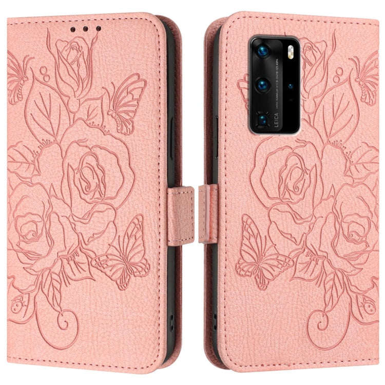 For Huawei P40 Pro Embossed Rose RFID Anti-theft Leather Phone Case(Pink)