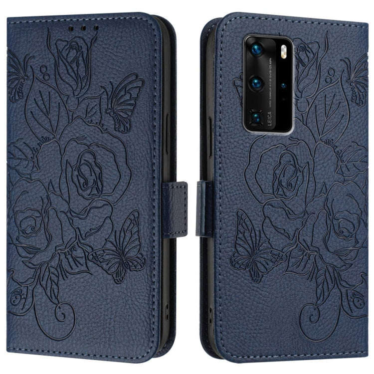 For Huawei P40 Pro Embossed Rose RFID Anti-theft Leather Phone Case(Dark Blue)