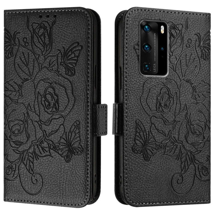 For Huawei P40 Pro Embossed Rose RFID Anti-theft Leather Phone Case(Black)