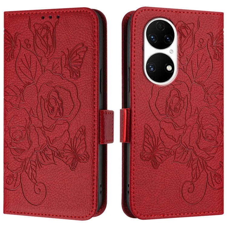 For Huawei P50 Embossed Rose RFID Anti-theft Leather Phone Case(Red)